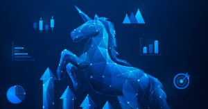 business unicorn startup and arrow graph growth. achievement success low poly wireframe. creative idea and innovation company. concept of venture capital to wealth. vector illustration.